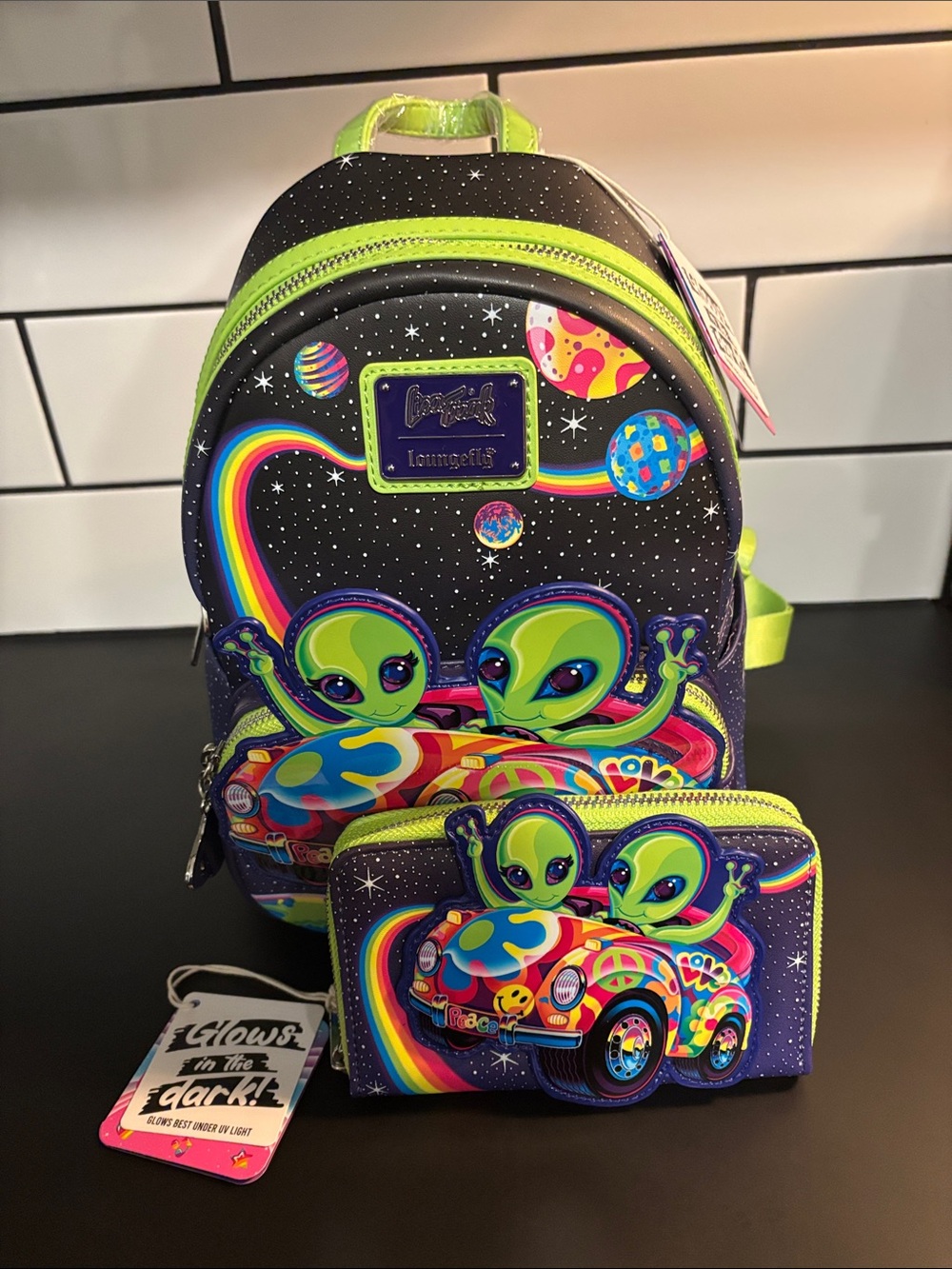 Loungefly Lisa Frank Zoomer & Zorbit Glow In The Dark Mini Backpack & Wallet Set